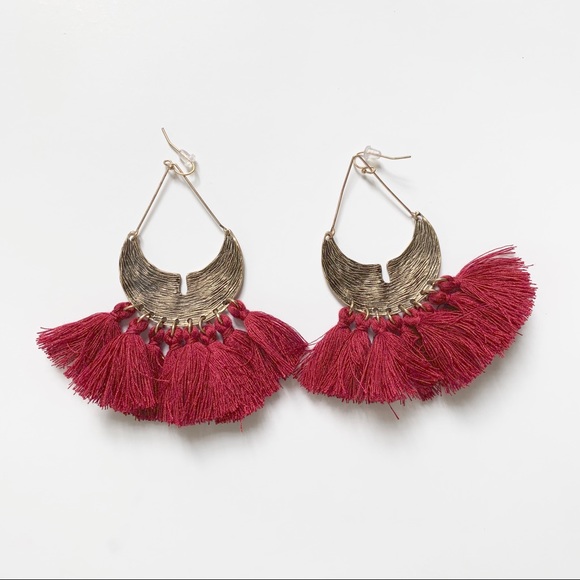 Boho Drop Etched Burnished Gold Tassel Earrings - Picture 2 of 5